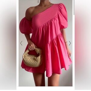 Showpo One-Shoulder Puff Sleeve Mini Dress - Hot Pink size 2
